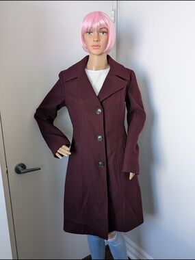 Anne Klein Tailored Long Trench Coat - Plum